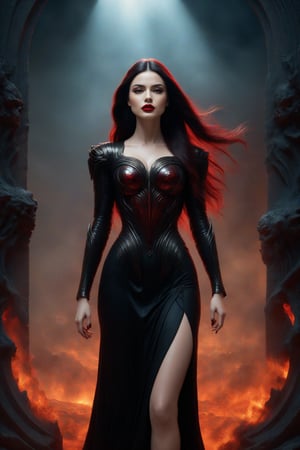 best quality, masterpiece, (((black heels:1.4))),(((full body shot:1.4))),	(((smirk:1.7))),	(standing:1.9),	((dark red lipstick)),  framing her angry face, a very beautiful black long hair woman, wearing a black dress, malevolent grace, Her presence fills the air with a palpable sense of dread, 
ultra realistic illustration,siena natural ratio, by Ai Pic 3D,	cinematic lighting, ambient lighting, sidelighting, cinematic shot,	(full body view:1.4), 	octane render Artstation perfect composition, intricate details, hyper details, masterpiece, perfect composition, perfect anatomy, perfect lighting, sf, intricate artwork masterpiece, ominous, matte painting movie poster, golden ratio, trending on cgsociety, intricate, epic, trending on artstation, by artgerm, h. r. giger and beksinski, highly detailed, vibrant, production cinematic character render, ultra high quality model.,b3rli,aesthetic portrait,bianca_bradey,(PnMakeEnh),LegendDarkFantasy