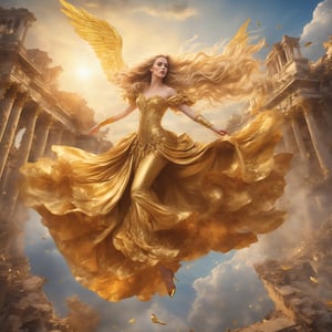 best quality, masterpiece, ((aerial view:1.4)), ((floating in the sky:1.4)), 
Amidst the ruins of a once-grand temple, Athena flying in the sky, her gold gown a whirlwind of rococo flair and chaos, mirroring the tumult she brings,  a testament to her power to challenge and provoke, (whole body within frame:1.2), very long blond hair, ((gold heels:1.2)),

