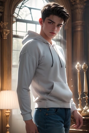 best quality, masterpiece,	(muscular European guy) (17year old:1.5),	(fantasy theme:1.2), a white hoodie,	16K, (HDR:1.4), high contrast, bokeh:1.2, lens flare,	Full length view,	beautiful and aesthetic, vibrant color, Exquisite details and textures, cold tone, ultra realistic illustration,siena natural ratio, anime style, 	Straight black hair,	white hoodie, a jeans, dynamic movement: walking, ((full view:1.4))

ultra hd, realistic, vivid colors, highly detailed, UHD drawing, perfect composition, ultra hd, 8k, he has an inner glow, stunning, something that even doesn't exist, mythical being, energy, molecular, textures, iridescent and luminescent scales, breathtaking beauty, pure perfection, divine presence, unforgettable, impressive, breathtaking beauty, Volumetric light, auras, rays, vivid colors reflects.,hdsrmr,handsome italian boy