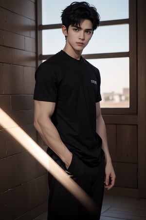 best quality, masterpiece,	(muscular European guy) (17year old:1.5),	A charismatic, 25-year-old male , with a sharp, black haircut, wearing a(( black shirt:1.4)), short hair, standing still, torso view, black pants, black shoes,


ultra hd, realistic, vivid colors, highly detailed, UHD drawing, perfect composition, ultra hd, 8k, he has an inner glow, stunning, something that even doesn't exist, mythical being, energy, molecular, textures, iridescent and luminescent scales, breathtaking beauty, pure perfection, divine presence, unforgettable, impressive, breathtaking beauty, Volumetric light, auras, rays, vivid colors reflects.,hdsrmr,handsome italian boy,Handsome Thai Men,Detailedface