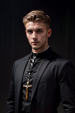 a 25-year-old male priest, german handsome guy, gorgeous, short undercut brown hair,  ((wearing a black priest costume,)), half-body shot,  looking serious as he poses for a photo shoot, more detail XL, dark black background, dramatic light, Masterpiece,Pectoral Focus