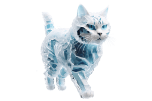 a running ice cat ((made of ice:1.4)), ice, transparent background, side view, smoke