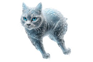 photo of Stunning ice cat jumping forward (made_of_ice:1.3),  photo of the most beautiful artwork in the world, High Detail, best quality, glass art, magical holographic glow,x-ray, transparent background,  PNG Assets,faize,  Gaming Items  with PNG Game Assets, side view, 