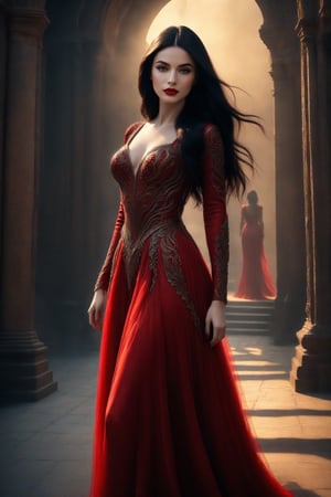 best quality, masterpiece, (((black heels:1.4))),(((full body shot:1.4))),	(((smirk:1.7))),	(standing:1.9),	((dark red lipstick)),  framing her face, a very beautiful black long hair woman, wearing a red gala dress, malevolent grace, Her presence fills the air with a palpable sense of dread, 
ultra realistic illustration,siena natural ratio, by Ai Pic 3D,	cinematic lighting, ambient lighting, sidelighting, cinematic shot,	(full body view:1.4), 	octane render Artstation perfect composition, intricate details, hyper details, masterpiece, perfect composition, perfect anatomy, perfect lighting, sf, intricate artwork masterpiece, ominous, matte painting movie poster, golden ratio, trending on cgsociety, intricate, epic, trending on artstation, by artgerm, h. r. giger and beksinski, highly detailed, vibrant, production cinematic character render, ultra high quality model.,b3rli,aesthetic portrait,bianca_bradey,(PnMakeEnh),LegendDarkFantasy