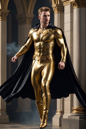 create a side body view of a hyper-realistic image of a 20 years old tall and handsome actor Chris Evans, young handsome looking, He star in a new gothic movie as a gold king, 
((leaping attack:1.2)), ((side body view:1.4)),

8k, high detailed, sharp focus,more detail XL,Movie Still,(full body view:1.9),gold shoes,  (whole body within frame), short undercut blond hair, ((((wearing a gold king dress with black cape)), )), ((gold long pants)),aesthetic portrait,LegendDarkFantasy, ((laughing:1.7)), far camera shoot, 