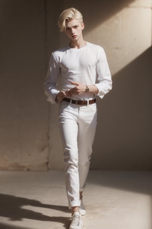 bottom, (torso body view), (full body shot)  of a 18 years old boy, tall (180cm),  ((white shirt:1.4)), ((blue jeans)), cute blond boy, short Side Fade hair, male_only, sharp skin, masterpiece, photorealistic, best quality, male, slim body, inspired by a male model, sol, Detailed side face, detailed side body, detailed side leg, 8k,  Photographic realistic masterpiece HDR high-quality image, perfect high detail image, 1boy, 
dynamic movement ((standing)),no belt, 
,flower4rmor,Wizard