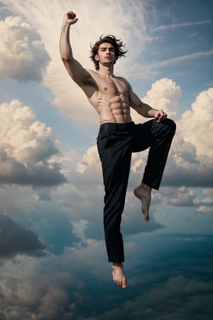 a ((full-body shot)) of a 17-year-old , Greek god, a European boy with, slim body, brown shade haircut, ((pale skin)), he's floating in the air, fighting in the sky, side view, 

he's wearing a black suit, and black pants, 

((floating in the air)),

 no chest hair, alone, 




realistic, masterpiece, with amazing photography, 8k, HDR, ultra-high resolution, realistic face, realistic body, realistic eyes, highly detailed eyes, perfect young face, ultra-high resolution,8k,Hdr, soft light, perfect face, cinematic light, soft box light, pal colors, unsaturated colors, abandoned_style, photo of perfect eyes, perfect leg,  perfect foot, can see the whole body, sharp focus,  male_only,  smooth, realistic skin,hdsrm, renaissance,Detailedface,telekinesis,floating in the air