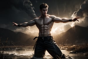 best quality, masterpiece,	(muscular European guy, 25year old:1.5),	(fantasy theme:1.2), a topless,	16K, (HDR:1.4), high contrast, bokeh:1.2, lens flare,	Full length view,	beautiful and aesthetic, vibrant color, Exquisite details and textures, cold tone, ultra realistic illustration,siena natural ratio, anime style, 	Straight black hair, a black jeans, dynamic movement: fighting his enemy with outstretched arms, fighting stance, ((torso view:1.4)), garden background, 

ultra hd, realistic, vivid colors, highly detailed, UHD drawing, perfect composition, ultra hd, 8k, he has an inner glow, stunning, something that even doesn't exist, mythical being, energy, molecular, textures, iridescent and luminescent scales, breathtaking beauty, pure perfection, divine presence, unforgettable, impressive, breathtaking beauty, Volumetric light, auras, rays, vivid colors reflects.,hdsrmr,xuer martial arts