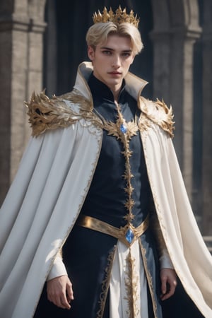 create a hyper-realistic image of a 20 years old tall and handsome European prince, standing, young handsome wizard,  8k, high detailed, sharp focus,more detail XL,Movie Still,(side body view:1.9), black boots,  (whole image within frame),  ((blond shade haircut)), cinematic moviemaker style,Stylish,abmhandsomeguy, ((full body shot:1.9)), wizard cloak,aesthetic portrait,LegendDarkFantasy, ((pale skin)), ((golden crown)),