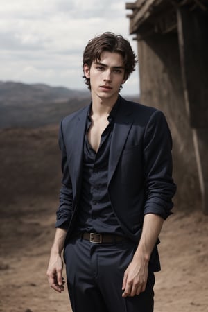 Professional hyper-realistic Instagram photography of a handsome young man from the front,((pale skin)), slim body, brown shade haircut, 

(Wearing a black suit). He is a model, he has a model pose. The man models his clothes. The model is standing in a studio background, 

looking at the viewer, no chest hair, alone, 




realistic, masterpiece, with amazing photography, 8k, HDR, ultra-high resolution, realistic face, realistic body, realistic eyes, highly detailed eyes, perfect young face, ultra-high resolution,8k,Hdr, soft light, perfect face, cinematic light, soft box light, pal colors, unsaturated colors, abandoned_style, photo of perfect eyes, perfect leg,  perfect foot, can see the whole body, sharp focus, short hair,  male_only,  smooth, realistic skin,hdsrm, prince, looking up to the sky, sword in hand,fight scene, sword slashing,renaissance,Detailedface