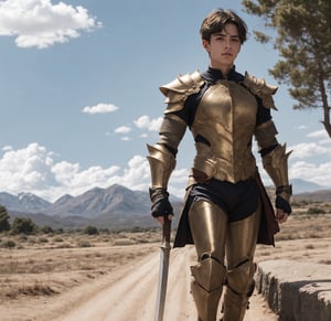a full body shot of a 17-year-old cute Italian boy standing, wear heavy gold armor, fire sword in his hand, realistic, masterpiece, amazing photography, 8k, HDR, ultra-high resolution, realistic face, realistic body, slim body, realistic eyes, highly detailed eyes, perfect young face, wear majestic gold armor, ultra-high resolution,8k,Hdr, soft light, perfect face, cinematic light, soft box light, pal colors, unsaturated colors,abandoned_style, photo of perfect eyes,he's looking side way, perfect leg, walking outside in the nature, perfect foot, can see the whole body,handsome cute italian boy, sharp focus, short hair, fade haircut, male_only, not looking at viewer, smooth, no chest hair, pose sword fight, alone, heavy armor, realistic skin,hdsrm, fighter, looking up to the sky, sword in hand,fight scene, sword slashing