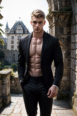 a 25-year-old male model, german handsome guy, gorgeous, short undercut brown hair,  ((wearing a black suit)), half-body shot,  looking serious as he poses for a photo shoot, more detail XL, inside the castle background, dramatic light, Masterpiece,Pectoral Focus, smooth chest, smooth skin, ((black pants,)),Detailedface