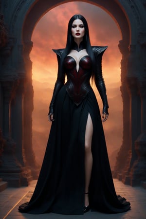 best quality, masterpiece, (((black heels:1.4))),(((full body shot:1.4))),	(((smirk:1.7))),	(standing:1.9),	((dark red lipstick)),  framing her angry face, a very beautiful black long hair woman, wearing a black gown, malevolent grace, Her presence fills the air with a palpable sense of dread, 
ultra realistic illustration,siena natural ratio, by Ai Pic 3D,	cinematic lighting, ambient lighting, sidelighting, cinematic shot,	(full body view:1.4), 	octane render Artstation perfect composition, intricate details, hyper details, masterpiece, perfect composition, perfect anatomy, perfect lighting, sf, intricate artwork masterpiece, ominous, matte painting movie poster, golden ratio, trending on cgsociety, intricate, epic, trending on artstation, by artgerm, h. r. giger and beksinski, highly detailed, vibrant, production cinematic character render, ultra high quality model.,b3rli,aesthetic portrait,bianca_bradey,(PnMakeEnh),LegendDarkFantasy