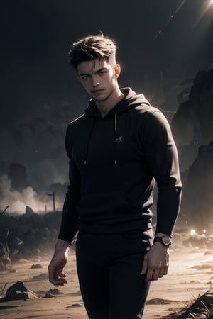 best quality, masterpiece,	(muscular European guy, 25year old:1.5),	(fantasy theme:1.2), a black suit,	16K, (HDR:1.4), high contrast, bokeh:1.2, lens flare,	Full length view,	beautiful and aesthetic, vibrant color, Exquisite details and textures, cold tone, ultra realistic illustration,siena natural ratio, anime style, 	Straight black hair,	hoodie, a black jeans, dynamic movement: walking, 

ultra hd, realistic, vivid colors, highly detailed, UHD drawing, perfect composition, ultra hd, 8k, he has an inner glow, stunning, something that even doesn't exist, mythical being, energy, molecular, textures, iridescent and luminescent scales, breathtaking beauty, pure perfection, divine presence, unforgettable, impressive, breathtaking beauty, Volumetric light, auras, rays, vivid colors reflects.,hdsrmr