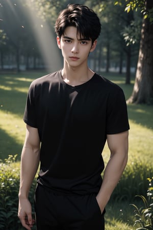 best quality, masterpiece,	(muscular European guy) (17year old:1.5),	A charismatic, 25-year-old male , with a sharp, black haircut, wearing a(( black shirt:1.4)), short hair, standing still, torso view, black pants, black shoes,


ultra hd, realistic, vivid colors, highly detailed, UHD drawing, perfect composition, ultra hd, 8k, he has an inner glow, stunning, something that even doesn't exist, mythical being, energy, molecular, textures, iridescent and luminescent scales, breathtaking beauty, pure perfection, divine presence, unforgettable, impressive, breathtaking beauty, Volumetric light, auras, rays, vivid colors reflects.,hdsrmr,handsome italian boy,Handsome Thai Men,Detailedface