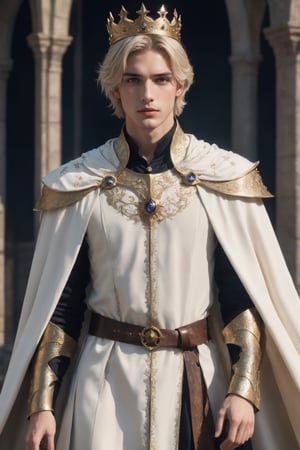create a hyper-realistic image of a 20 years old tall and handsome European prince, standing, young handsome wizard,  8k, high detailed, sharp focus,more detail XL,Movie Still,(side body view:1.9), black boots,  (whole image within frame),  ((blond shade haircut)), cinematic moviemaker style,Stylish,abmhandsomeguy, ((full body shot:1.9)), wizard cloak,aesthetic portrait,LegendDarkFantasy, ((pale skin)), ((golden crown)),