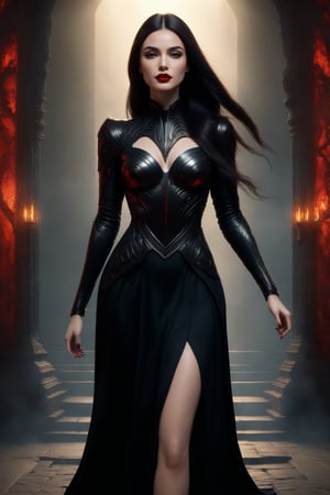 best quality, masterpiece, (((black heels:1.4))),(((full body shot:1.4))),	(((smirk:1.7))),	(standing:1.9),	((dark red lipstick)),  framing her face, a very beautiful black long hair woman, wearing a black dress, malevolent grace, Her presence fills the air with a palpable sense of dread, 
ultra realistic illustration,siena natural ratio, by Ai Pic 3D,	cinematic lighting, ambient lighting, sidelighting, cinematic shot,	(full body view:1.4), 	octane render Artstation perfect composition, intricate details, hyper details, masterpiece, perfect composition, perfect anatomy, perfect lighting, sf, intricate artwork masterpiece, ominous, matte painting movie poster, golden ratio, trending on cgsociety, intricate, epic, trending on artstation, by artgerm, h. r. giger and beksinski, highly detailed, vibrant, production cinematic character render, ultra high quality model.,b3rli,aesthetic portrait,bianca_bradey,(PnMakeEnh),LegendDarkFantasy