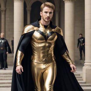 create a hyper-realistic image of a 20 years old tall and handsome actor Chris Evans, young handsome looking, He star in a new gothic movie as a gold king, 
((leaping attack:1.2)),

8k, high detailed, sharp focus,more detail XL,Movie Still,(full body view:1.9),gold shoes,  (whole body within frame), short undercut blond hair, ((((wearing a gold king dress with black cape)), )), ((gold long pants)),aesthetic portrait,LegendDarkFantasy, ((laughing:1.7)), far camera shoot, 