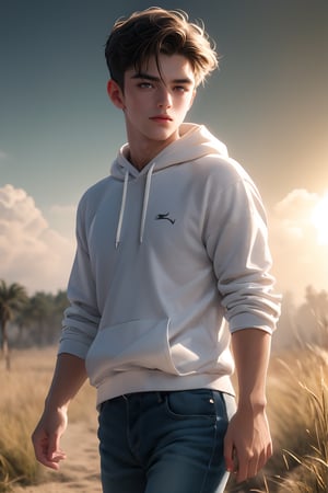 best quality, masterpiece,	(muscular European guy) (17year old:1.5),	(fantasy theme:1.2), a white hoodie,	16K, (HDR:1.4), high contrast, bokeh:1.2, lens flare,	Full length view,	beautiful and aesthetic, vibrant color, Exquisite details and textures, cold tone, ultra realistic illustration,siena natural ratio, anime style, 	Straight black hair,	white hoodie, a jeans, dynamic movement: walking, ((full view:1.4))

ultra hd, realistic, vivid colors, highly detailed, UHD drawing, perfect composition, ultra hd, 8k, he has an inner glow, stunning, something that even doesn't exist, mythical being, energy, molecular, textures, iridescent and luminescent scales, breathtaking beauty, pure perfection, divine presence, unforgettable, impressive, breathtaking beauty, Volumetric light, auras, rays, vivid colors reflects.,hdsrmr,handsome italian boy