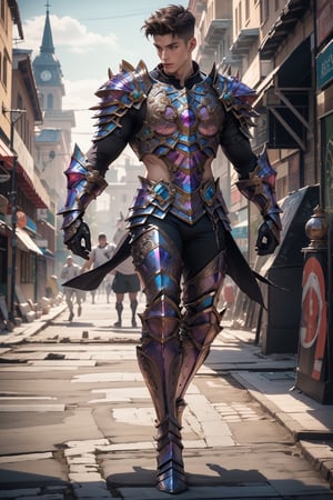 1boy,background,absurdres,masterpiece,highres, intricately detailed,((slender:1.4)), full body shot,side view, 

dynamic pose ((fighting stance)), anime style, short black undercut haircut, wearing bismuth paladin armor, slim and body,  sharp skin, 

a gay man,sexy,strutting outdoors, gorgeous eyes, detailed face,global illumination,subsurface scattering,bismuth4rmor, 