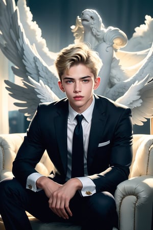 a torso body of a 17 years old handsome boy,he is an angel,wearing  black suit,  black pants , dark blue necktie, dynamic movement, cute blond boy, (short blond hair), male_only, pale white skin, masterpiece, photorealistic, best, best quality, male, perfect nipple, slim body, inspire by male model ,Detailed face, detailed body, detailed leg, 8k,  Photographic realistic masterpiece HDR high quality image, perfect high detail image.  (heaven theme:1.5)
detailed eyes, perfect eyes, tall and handsome, high detail hand and fingers, (Portrait pose:1.5),
,flower4rmor,Masterpiece,Detailedface,Flower,Angel,Realism
