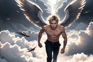 a full body of a 17 years old handsome boy,he is an angel,wearing  black suit,  black pants , dynamic movement, fighting stance,cute blond boy, short hair, male_only, pale white skin, masterpiece, photorealistic, best, best quality, male, perfect nipple, slim body, inspire by male model ,Detailed face, detailed body, detailed leg, 8k,  Photographic realistic masterpiece HDR high quality image, perfect high detail image.  (heaven theme:1.5)
detailed eyes, perfect eyes, tall and handsome, high detail hand and fingers, (fly down:1.5),
,flower4rmor,Masterpiece,Detailedface,Flower,Angel, (turn left:1.5)