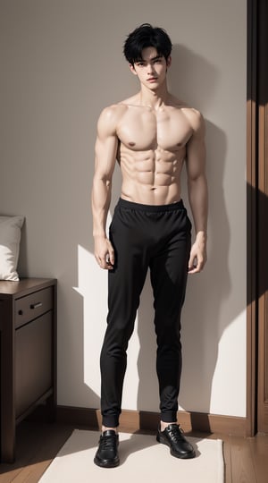 ((Fujifilm)), man, tall, handsome, solo, night,  calm, hair blown by the breeze, aisb_aisb, black jumper, and black long pants,black shoes, fade hair style,short hair, bedroom, (full body view),Handsome Thai Men, dynamic movement,
(fantasy theme:1.2), ((slender:1.4)), 
beautiful and aesthetic, vibrant color, Exquisite details and textures, cold tone, ultra realistic illustration,siena natural ratio, anime style,  (solo), (standing 1.5)), (torso body shot:1.4), (can see whole body head to toe), 1 versus 1,Detailedface, 