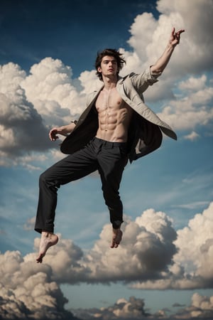 a ((full-body shot)) of a 17-year-old , Greek god, a European boy with, slim body, brown shade haircut, ((pale skin)), he's floating in the air, fighting in the sky, side view, 

he's wearing a black suit, and black pants, 

((floating in the air)),

 no chest hair, alone, 




realistic, masterpiece, with amazing photography, 8k, HDR, ultra-high resolution, realistic face, realistic body, realistic eyes, highly detailed eyes, perfect young face, ultra-high resolution,8k,Hdr, soft light, perfect face, cinematic light, soft box light, pal colors, unsaturated colors, abandoned_style, photo of perfect eyes, perfect leg,  perfect foot, can see the whole body, sharp focus,  male_only,  smooth, realistic skin,hdsrm, renaissance,Detailedface,telekinesis,floating in the air