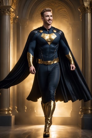 create a side body view of a hyper-realistic image of a 20 years old tall and handsome actor Chris Evans, young handsome looking, He star in a new gothic movie as a gold king, 
((leaping attack:1.2)), ((side body view:1.4)),

8k, high detailed, sharp focus,more detail XL,Movie Still,(full body view:1.9),gold shoes,  (whole body within frame), short undercut blond hair, ((((wearing a gold king dress with black cape)), )), ((gold long pants)),aesthetic portrait,LegendDarkFantasy, ((laughing:1.7)), far camera shoot, 