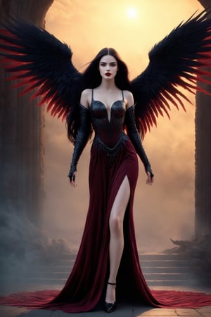 best quality, masterpiece, (((black heels:1.4))),(((full body shot:1.4))),	(((smirk:1.7))),	(standing:1.9),	((facing side way:1.7)), ((dark red lipstick)), 
With her ((very long dark raven hair)) framing her face, succubus, Lilith, wearing a pink dress, malevolent grace, Her presence fills the air with a palpable sense of dread, 
ultra realistic illustration,siena natural ratio, by Ai Pic 3D,	cinematic lighting, ambient lighting, sidelighting, cinematic shot,	(full body view:1.4), 	octane render Artstation perfect composition, intricate details, hyper details, masterpiece, perfect composition, perfect anatomy, perfect lighting, sf, intricate artwork masterpiece, ominous, matte painting movie poster, golden ratio, trending on cgsociety, intricate, epic, trending on artstation, by artgerm, h. r. giger and beksinski, highly detailed, vibrant, production cinematic character render, ultra high quality model.,b3rli,aesthetic portrait,bianca_bradey,(PnMakeEnh),LegendDarkFantasy
