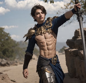 a full body shot of a 17-year-old cute Italian boy standing, wear bear chest armor, fire sword in his hand, realistic, masterpiece, amazing photography, 8k, HDR, ultra-high resolution, realistic face, realistic body, slim body, realistic eyes, highly detailed eyes, perfect young face, wear majestic gold armor, ultra-high resolution,8k,Hdr, soft light, perfect face, cinematic light, soft box light, pal colors, unsaturated colors,abandoned_style, photo of perfect eyes,he's looking side way, perfect leg, walking outside in the nature, perfect foot, can see the whole body,handsome cute italian boy, sharp focus, short hair, fade haircut, male_only, not looking at viewer, smooth, no chest hair, pose sword fight, alone, heavy armor, realistic skin,hdsrm, fighter, looking up to the sky, sword in hand,fight scene, sword slashing,renaissance