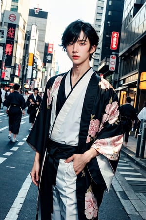 18-year-old boy, a very cute japanese boy, gorgeous, short dark hair, brown eyes. ((wearing a male kimono)), slender man, standing, half body shot, looking as he poses for a photo shoot, more detail XL, Shinjuku streeet background, dramatic light, teenager, half body view,Masterpiece,Black hair,faith_beams