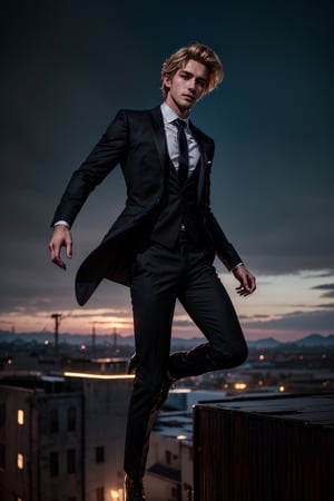 1 male, formal suits,rudeus_greyrat, black formal suit, (full body shot), (handsome European man, 25 years old), ( dirty blond hair), (black necktie),   highly detailed, sharp focus.8k,neon photography style, (jump into the sky like a superhero), 1boy, (side body shot)