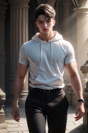 best quality, masterpiece,	(muscular European guy) (30year old:1.5),	(fantasy theme:1.2), a white hoodie,	16K, (HDR:1.4), high contrast, bokeh:1.2, lens flare,	Full length view,	beautiful and aesthetic, vibrant color, Exquisite details and textures, cold tone, ultra realistic illustration,siena natural ratio, anime style, 	Straight black hair,	black suit, black pants, dynamic movement: walking, ((full view:1.4)), muscular

ultra hd, realistic, vivid colors, highly detailed, UHD drawing, perfect composition, ultra hd, 8k, he has an inner glow, stunning, something that even doesn't exist, mythical being, energy, molecular, textures, iridescent and luminescent scales, breathtaking beauty, pure perfection, divine presence, unforgettable, impressive, breathtaking beauty, Volumetric light, auras, rays, vivid colors reflects.,hdsrmr,handsome italian boy