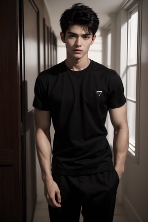 best quality, masterpiece,	(muscular European guy) (17year old:1.5),	A charismatic, 25-year-old male , with a sharp, black haircut, wearing a(( black shirt:1.4)), short hair, standing still, torso view, black pants, black shoes,


ultra hd, realistic, vivid colors, highly detailed, UHD drawing, perfect composition, ultra hd, 8k, he has an inner glow, stunning, something that even doesn't exist, mythical being, energy, molecular, textures, iridescent and luminescent scales, breathtaking beauty, pure perfection, divine presence, unforgettable, impressive, breathtaking beauty, Volumetric light, auras, rays, vivid colors reflects.,hdsrmr,handsome italian boy,Handsome Thai Men,Detailedface