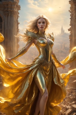 best quality, masterpiece, ((aerial view:1.4)), ((floating in the sky:1.4)), 
Amidst the ruins of a once-grand temple, Eris flying in the sky, her golden gown a whirlwind of rococo flair and chaos, mirroring the tumult she brings,  a testament to her power to challenge and provoke, (whole body within frame:1.2), blonde hair, ((golden heels:1.2)),

ultra realistic illustration,siena natural ratio, by Ai Pic 3D,	cinematic lighting, ambient lighting, sidelighting, cinematic shot,	(full body view:1.4), 	octane render Artstation perfect composition, intricate details, hyper details, masterpiece, perfect composition, perfect anatomy, perfect lighting, sf, intricate artwork masterpiece, ominous, matte painting movie poster, golden ratio, trending on cgsociety, intricate, epic, trending on artstation, by artgerm, h. r. giger and beksinski, highly detailed, vibrant, production cinematic character render, ultra high quality model.,b3rli,aesthetic portrait,bianca_bradey,(PnMakeEnh),LegendDarkFantasy