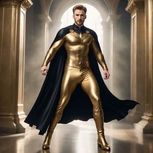 create a hyper-realistic image of a 20 years old tall and handsome actor Chris Evans, young handsome looking, He star in a new gothic movie as a gold king, 
((leaping attack:1.2)), ((side view:1.4)),

8k, high detailed, sharp focus,more detail XL,Movie Still,(full body view:1.9),gold shoes,  (whole body within frame), short undercut blond hair, ((((wearing a gold king dress with black cape)), )), ((gold long pants)),aesthetic portrait,LegendDarkFantasy, ((laughing:1.7)), far camera shoot, 