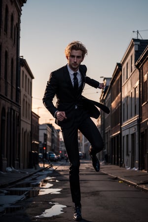 1 male, formal suits,rudeus_greyrat, black formal suit, (full body shot), (handsome European man, 25 years old), ( dirty blond hair), (black necktie),   highly detailed, sharp focus.8k,neon photography style, (jump into the sky like a superhero), 1boy, (side body shot)