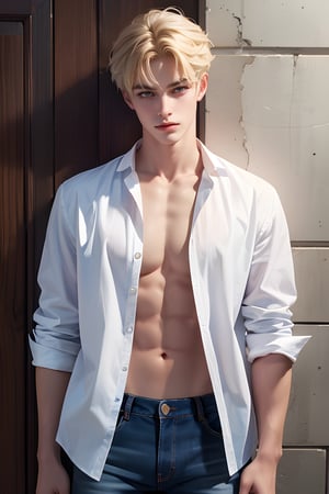 1male,blue eyes, open clothes,standing, handsome, white shirt, blue jeans, slender, 17 years old boy, blonde, 