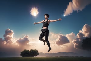 ((masterpiece)), (best quality), (cinematic), bright main object,sunning day,realistic,a handsome young man floating in the air, 20yo, ((black tank tops)),((black boots)), ((black long pants)), fade hair style, short hair, detail skin,full body, detailed face, detailed body, blue sky, glow, clouds, explosion in middle top,vegetation, green plains, floating bubbles, (cinematic, colorful), vast field, (extremely detailed), inspired by Studio Ghibli, EpicSky, cloud, sky, highly detailed, detailed face,floating in the air,fantasy00d, ,Detailedface,Handsome Thai Men,telekinesis