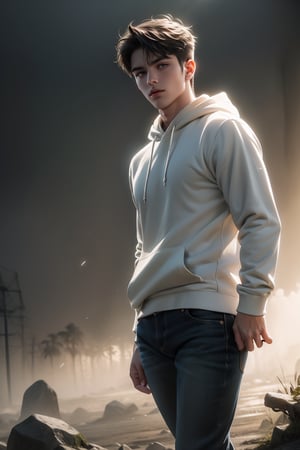 best quality, masterpiece,	(muscular European guy) (30year old:1.5),	(fantasy theme:1.2), a white hoodie,	16K, (HDR:1.4), high contrast, bokeh:1.2, lens flare,	Full length view,	beautiful and aesthetic, vibrant color, Exquisite details and textures, cold tone, ultra realistic illustration,siena natural ratio, anime style, 	Straight black hair,	black hoodie, a jeans, dynamic movement: walking, ((full view:1.4)), muscular

ultra hd, realistic, vivid colors, highly detailed, UHD drawing, perfect composition, ultra hd, 8k, he has an inner glow, stunning, something that even doesn't exist, mythical being, energy, molecular, textures, iridescent and luminescent scales, breathtaking beauty, pure perfection, divine presence, unforgettable, impressive, breathtaking beauty, Volumetric light, auras, rays, vivid colors reflects.,hdsrmr,handsome italian boy