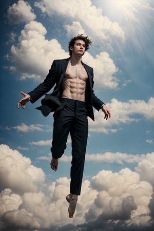 a ((full-body shot)) of a 17-year-old , Greek god, a European boy with, slim body, brown shade haircut, ((pale skin)), he's floating in the air, fighting in the sky, side view, 

he's wearing a black suit, and black pants, 

((floating in the air)),

 no chest hair, alone, 




realistic, masterpiece, with amazing photography, 8k, HDR, ultra-high resolution, realistic face, realistic body, realistic eyes, highly detailed eyes, perfect young face, ultra-high resolution,8k,Hdr, soft light, perfect face, cinematic light, soft box light, pal colors, unsaturated colors, abandoned_style, photo of perfect eyes, perfect leg,  perfect foot, can see the whole body, sharp focus,  male_only,  smooth, realistic skin,hdsrm, renaissance,Detailedface,telekinesis,floating in the air