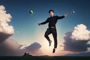 ((masterpiece)), (best quality), (cinematic), bright main object,sunning day,realistic,a handsome young man floating in the air, 20yo, ((black jumper)),((black shoes)), ((black long pants)), fade hair style, short hair, detail skin,full body, detailed face, detailed body, blue sky, glow, clouds, explosion in middle top,vegetation, green plains, floating bubbles, (cinematic, colorful), vast field, (extremely detailed), inspired by Studio Ghibli, EpicSky, cloud, sky, highly detailed, detailed face,floating in the air,fantasy00d, ,Detailedface,Handsome Thai Men,telekinesis