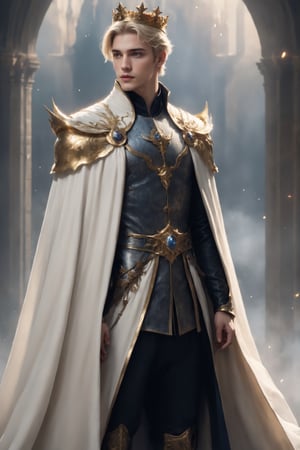 create a hyper-realistic image of a 20 years old tall and handsome European prince, standing, young handsome wizard,  8k, high detailed, sharp focus,more detail XL,Movie Still,(side body view:1.9), black boots,  (whole image within frame),  ((blond shade haircut)), cinematic moviemaker style,Stylish,abmhandsomeguy, ((full body shot:1.9)), wizard cloak,aesthetic portrait,LegendDarkFantasy, ((pale skin)), ((golden crown)),