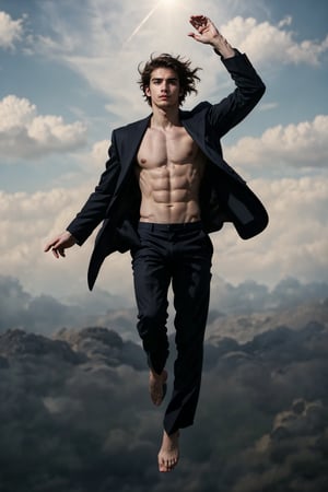 a ((full-body shot)) of a 17-year-old , Greek god, a European boy with, slim body, brown shade haircut, ((pale skin)), he's floating in the air, fighting in the sky

he's wearing a black suit, and black pants, 

((floating in the air)),

 no chest hair, alone, 




realistic, masterpiece, with amazing photography, 8k, HDR, ultra-high resolution, realistic face, realistic body, realistic eyes, highly detailed eyes, perfect young face, ultra-high resolution,8k,Hdr, soft light, perfect face, cinematic light, soft box light, pal colors, unsaturated colors, abandoned_style, photo of perfect eyes, perfect leg,  perfect foot, can see the whole body, sharp focus,  male_only,  smooth, realistic skin,hdsrm, renaissance,Detailedface,telekinesis,floating in the air