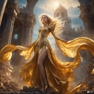 best quality, masterpiece, ((aerial view:1.4)), ((floating in the sky:1.4)), 
Amidst the ruins of a once-grand temple, Eris flying in the sky, her golden gown a whirlwind of rococo flair and chaos, mirroring the tumult she brings,  a testament to her power to challenge and provoke, (whole body within frame:1.2), blonde hair, ((golden heels:1.2)),

ultra realistic illustration,siena natural ratio, by Ai Pic 3D,	cinematic lighting, ambient lighting, sidelighting, cinematic shot,	(full body view:1.4), 	octane render Artstation perfect composition, intricate details, hyper details, masterpiece, perfect composition, perfect anatomy, perfect lighting, sf, intricate artwork masterpiece, ominous, matte painting movie poster, golden ratio, trending on cgsociety, intricate, epic, trending on artstation, by artgerm, h. r. giger and beksinski, highly detailed, vibrant, production cinematic character render, ultra high quality model.,b3rli,aesthetic portrait,bianca_bradey,(PnMakeEnh),LegendDarkFantasy