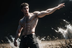 best quality, masterpiece,	(muscular European guy, 25year old:1.5),	(fantasy theme:1.2), a topless,	16K, (HDR:1.4), high contrast, bokeh:1.2, lens flare,	Full length view,	beautiful and aesthetic, vibrant color, Exquisite details and textures, cold tone, ultra realistic illustration,siena natural ratio, anime style, 	Straight black hair, a black jeans, dynamic movement: fighting his enemy with outstretched arms, fighting stance, ((torso view:1.4)), garden background, 

ultra hd, realistic, vivid colors, highly detailed, UHD drawing, perfect composition, ultra hd, 8k, he has an inner glow, stunning, something that even doesn't exist, mythical being, energy, molecular, textures, iridescent and luminescent scales, breathtaking beauty, pure perfection, divine presence, unforgettable, impressive, breathtaking beauty, Volumetric light, auras, rays, vivid colors reflects.,hdsrmr,xuer martial arts