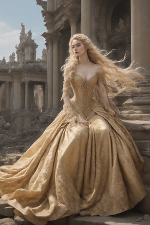 best quality, masterpiece,	
Amidst the ruins of a once-grand temple, Eris revels in her discord, her golden gown a whirlwind of rococo flair and chaos, mirroring the tumult she brings. her very long wave of blonde hair , effortlessly channels a Gothic fantasy aura, 