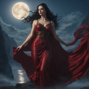 best quality, masterpiece,	realistic,
a torso-body view of a Greek goddess Hera standing under the moonlight, wearing a dark red gown, mirroring the tumult she brings. her very long wave of black hair effortlessly channels a Gothic fantasy aura, 
