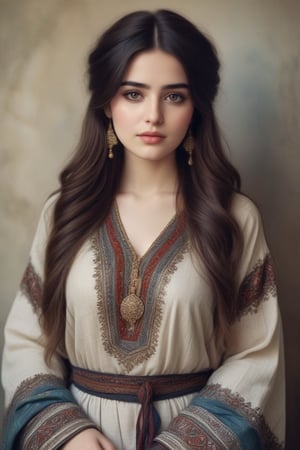 Beautiful woman wearing a pashtoon dress, analog photograph, professional fashion photoshoot, hyperrealistic, masterpiece, trending on artstation,krrrsty, cute, little chubby,long hair, looks like pashtoon. Image should be realistic a d natural 